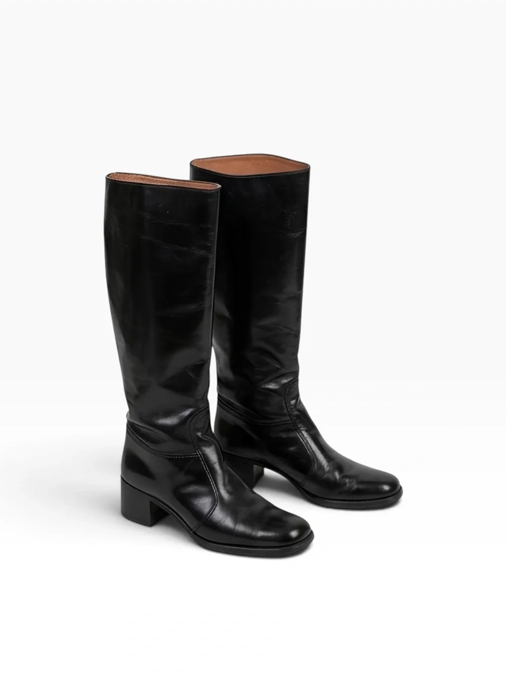 Black Leather Knee-High Block Heel Go-Go Riding Boots - 10B